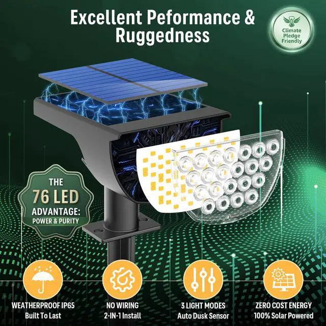 Alt view image 2 of 7 - Solar Lights Outdoor Waterproof IP65, Solar Powered 76 LED 3 Lighting Modes Solar Spot Lights Outdoor for Yard Garden Landscape Pathway (Warm White, 4 Pack)