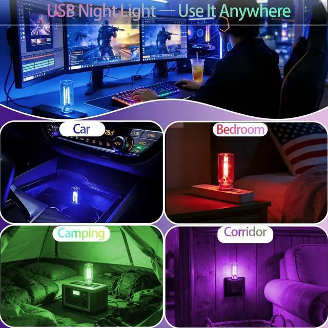 Alt view image 4 of 5 - USB LED Night Light 4 Pack, RGB Glass Ambient Lights with Touch Control & Dimmable Brightness, Mini Plug in USB Lamp for Car, Laptop, Bedroom, Decorative Gift for Men (Red Blue Purple Green)