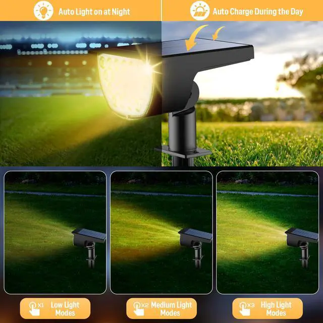 Alt view image 5 of 7 - Solar Lights Outdoor Waterproof IP65, Solar Powered 76 LED 3 Lighting Modes Solar Spot Lights Outdoor for Yard Garden Landscape Pathway (Warm White, 4 Pack)