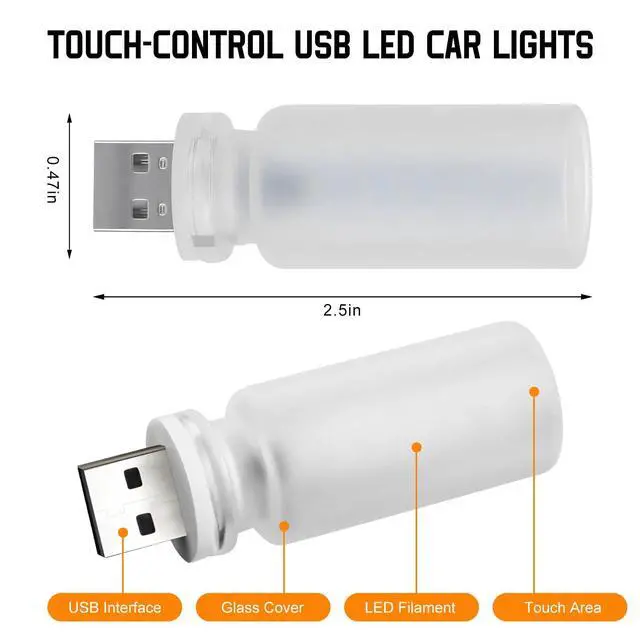 Alt view image 2 of 6 - Car USB Light, Plug-in Retro LED Filament Lamp Touch Dimmable Car Ambient Lighting, Portable Mini Glass Bottle LED Bulb Night Lights for Vehicle Interior, Bedroom, Hallway (Matte)