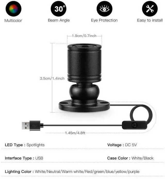 Alt view image 4 of 7 - USB Powered Mini Spotlights for Displays 2-Pack 5V Small LED Spot Lights Indoor, 7 Color Options, Compact USB Spotlight for Display Cases, Shelves, Cabinets, and Artwork (2PACK White Light)