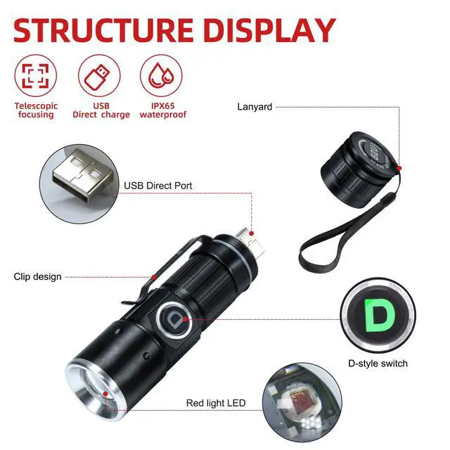 Alt view image 2 of 6 - Redlight Flashlight Rechargeable USB, LED Mini Red Light Flashlights Focus Adjustable, Flash Light Portable with Pocket Clip for Fishing, Beekeeping, Hunting, Night Astrophotography