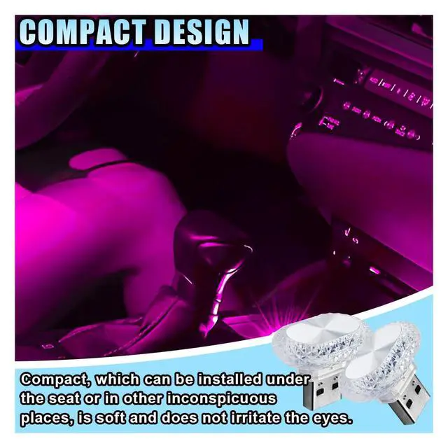 Alt view image 6 of 6 - 2PCS USB LED Car Interior Night Light, Crystal Mini Decoration Neno Ambient Light Car Interior Atmosphere Lamp, Plug-in USB Interface Auto Trunk Ambient Lighting Kit Universal for Cars (Pink/Purple)