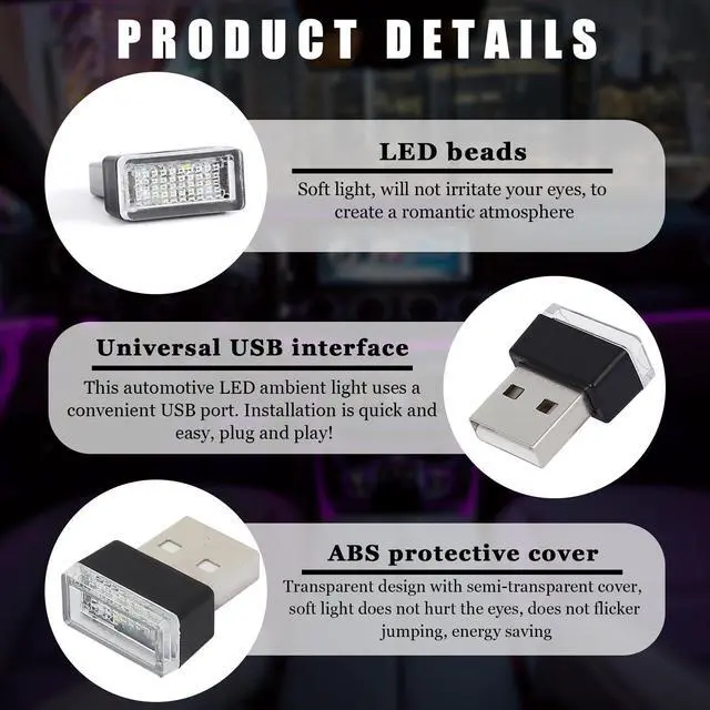 Alt view image 3 of 6 - 4 PCS USB LED Car Interior Atmosphere Lamp, Portable Plug-in 5V USB Car LED Interior Lighting Night Lamp, Mini U SB Ambient Lighting Decor for Home C ar Laptop Keyboard (Red)
