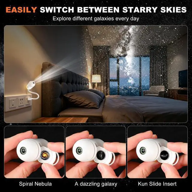 Alt view image 4 of 7 - 2-in-1 Galaxy Projector Night Light,USB Star Projector with Adjustable Brightness,Mini LED Wall Projection Lamp,360° Rotation Mini Galaxy Light Projector for Bedroom Ceiling Wall Room Deco