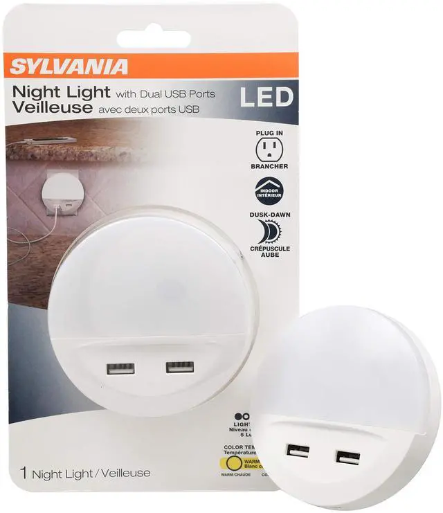 Main image of Sylvania LED Night Light with Dual USB Ports, 22 Year, Dusk to Dawn, Frosted Finish, 3000K, Warm White - (Pack of 1)(65005)