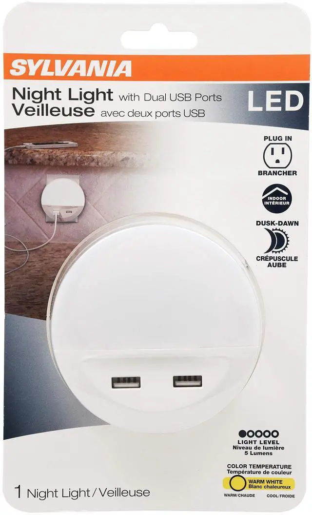 Alt view image 2 of 7 - Sylvania LED Night Light with Dual USB Ports, 22 Year, Dusk to Dawn, Frosted Finish, 3000K, Warm White - (Pack of 1)(65005)