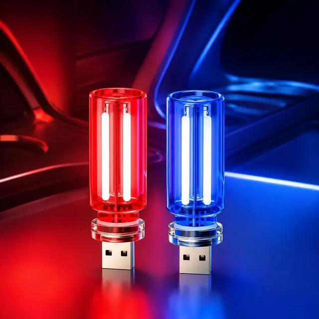Main image of 2 PCS USB Car Light, Touch Dimmable Portable Mini Glass Bottle LED Bulb Night Lights for Vehicle Interior Ambient Lighting, Bedroom, Hallway, Camping Decoration (Blue&Red)