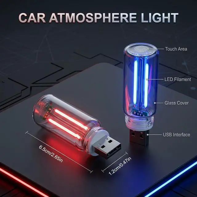 Alt view image 2 of 7 - 2 PCS USB Car Light, Touch Dimmable Portable Mini Glass Bottle LED Bulb Night Lights for Vehicle Interior Ambient Lighting, Bedroom, Hallway, Camping Decoration (Blue&Red)