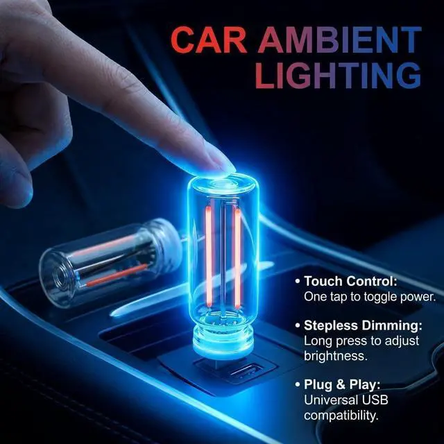 Alt view image 3 of 7 - 2 PCS USB Car Light, Touch Dimmable Portable Mini Glass Bottle LED Bulb Night Lights for Vehicle Interior Ambient Lighting, Bedroom, Hallway, Camping Decoration (Blue&Red)