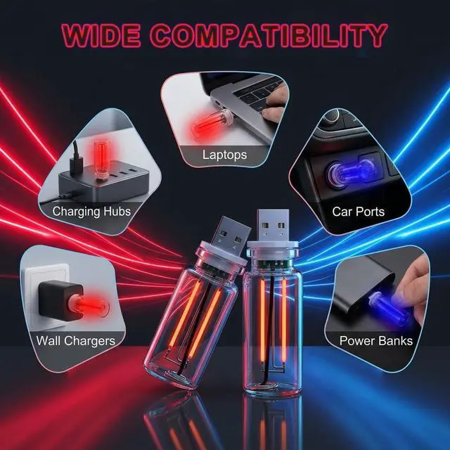 Alt view image 6 of 7 - 2 PCS USB Car Light, Touch Dimmable Portable Mini Glass Bottle LED Bulb Night Lights for Vehicle Interior Ambient Lighting, Bedroom, Hallway, Camping Decoration (Blue&Red)