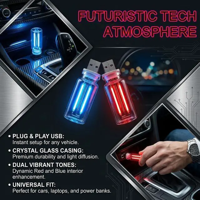 Alt view image 5 of 7 - 2 PCS USB Car Light, Touch Dimmable Portable Mini Glass Bottle LED Bulb Night Lights for Vehicle Interior Ambient Lighting, Bedroom, Hallway, Camping Decoration (Blue&Red)