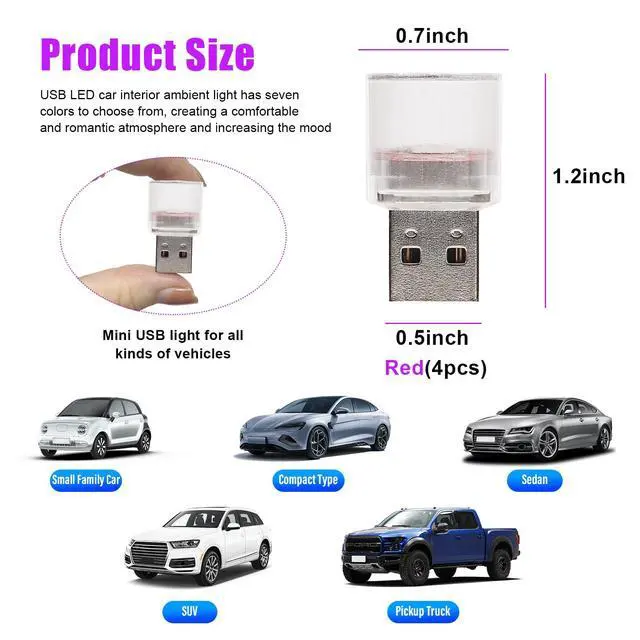 Alt view image 2 of 6 - 4 PCS USB LED Car Interior Atmosphere Lights, Plug-in USB Automotive Interface Charging Night Lamps, Mini Vehicle Interior LED Atmosphere Light for Car, Bedroom, Hallway (Red)