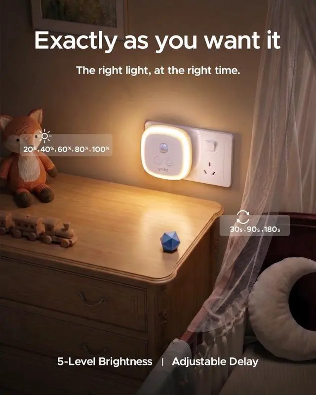 Alt view image 3 of 7 - Motion Sensor Night Light, 5-Level Dimmable with Dusk to Dawn Sensor, Plug in Warm White Anti-Glare LED, Cozy Soft Glow, Adjustable Delay Time for Bathroom, Hallway, Kitchen, Stairs, 2 Pack