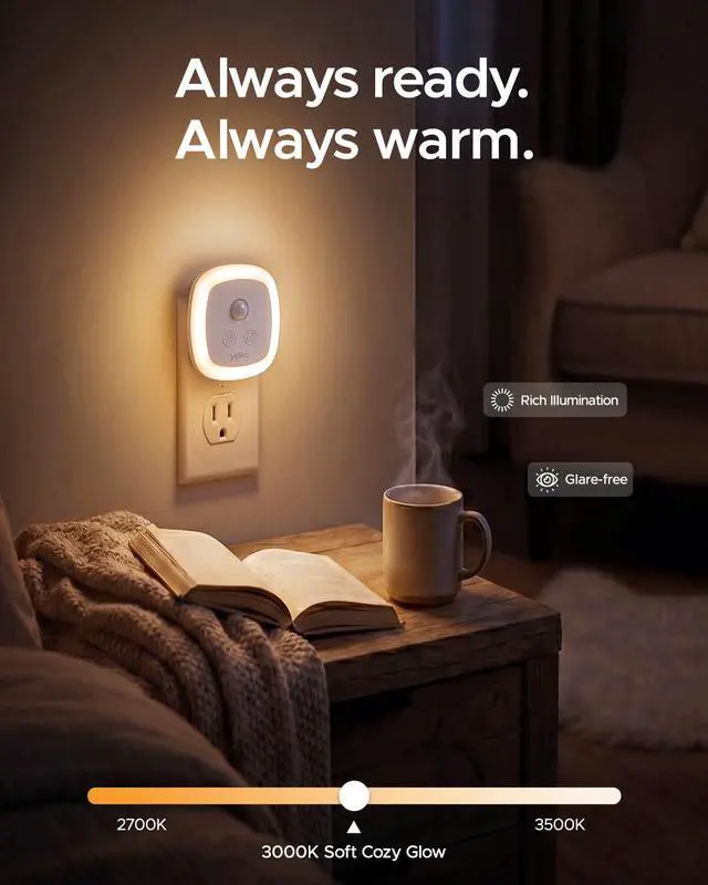 Alt view image 5 of 7 - Motion Sensor Night Light, 5-Level Dimmable with Dusk to Dawn Sensor, Plug in Warm White Anti-Glare LED, Cozy Soft Glow, Adjustable Delay Time for Bathroom, Hallway, Kitchen, Stairs, 2 Pack