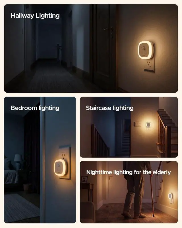 Alt view image 7 of 7 - Motion Sensor Night Light, 5-Level Dimmable with Dusk to Dawn Sensor, Plug in Warm White Anti-Glare LED, Cozy Soft Glow, Adjustable Delay Time for Bathroom, Hallway, Kitchen, Stairs, 2 Pack