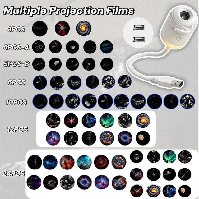 Alt view image 7 of 7 - 2-in-1 Galaxy Projector Night Light, Galaxy Light Projector Adults, USB Portable Galaxy Star Projector Night Light for Car and Bedroom, Mini LED Nightlight Wall Lamp (3 Projection Films)