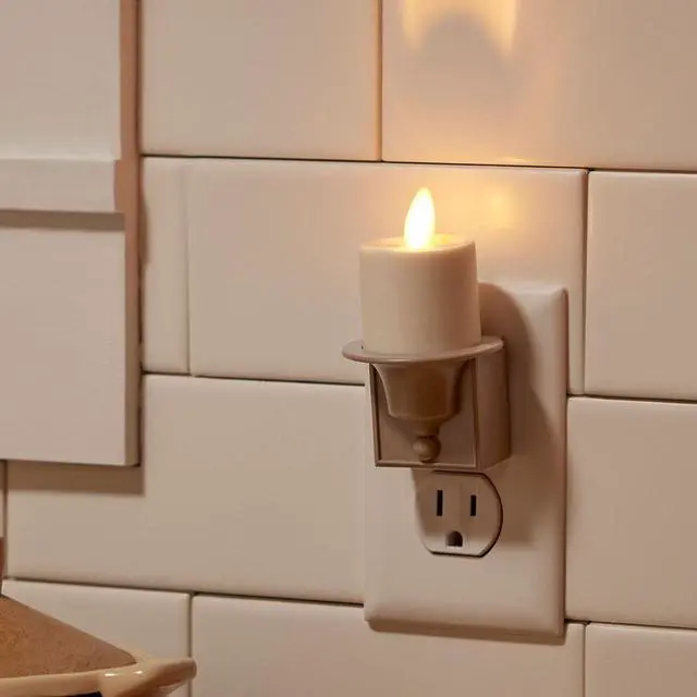Alt view image 2 of 7 - Flameless Candle Nightlight w/Dusk to Dawn Light Dark Auto Sensor, Timeless Taupe Wall Plug Indoor Night LED Light w/Real-Flame Effect Technology, Bathroom Bedroom Hallway, No Remote Needed