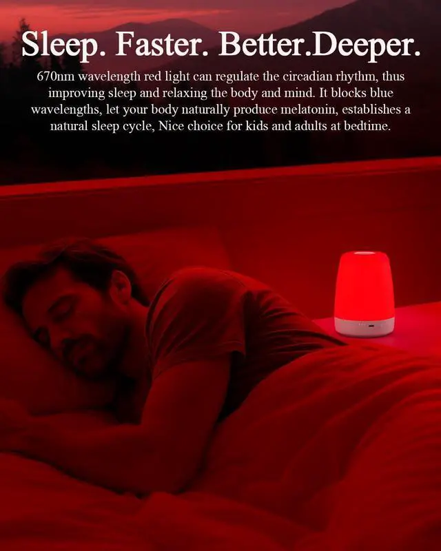 Alt view image 3 of 7 - Red Light Night Light Lamp for Sleep, 670nm Wavelength, 2 Color and 3 Brightness Options,Touch Control Red Light for Sleep Lamp for Adults & Kids Bedroom Use, Memory Function,2H Timer