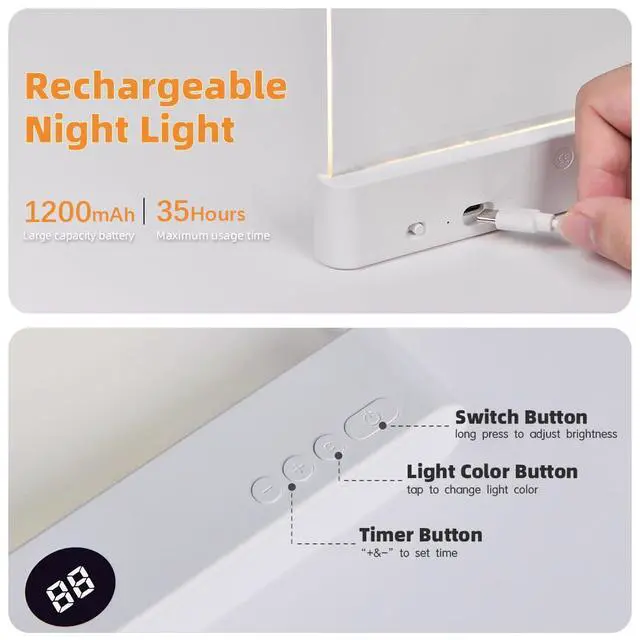 Alt view image 7 of 7 - LED Book Light and Night Light 2 in 1, 3 Color Temperatures & Stepless Dimming, USB Rechargeable Reading Light with Timer for Night Reading (White)