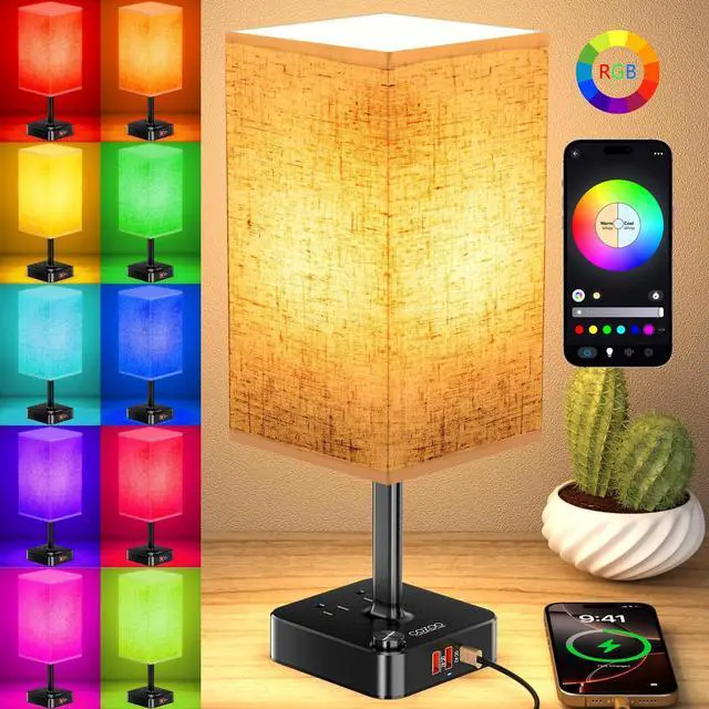 Main image of Bluetooth Smart RGB Bedside Table Lamp for Bedroom with 3 USB Charging Ports and 2 AC Outlets, Sync with Music Stepless Dimming Nightstand Light for Party/Home/Bedroom/Living Room, Flaxen