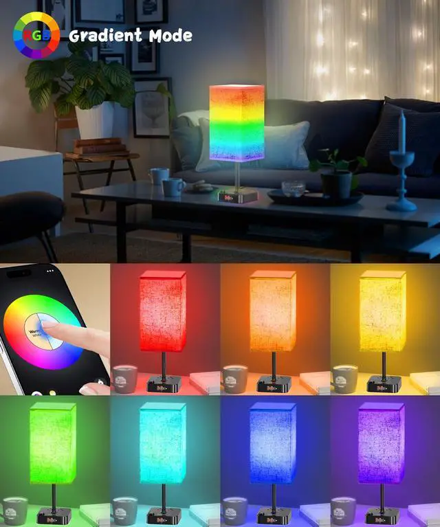 Alt view image 2 of 7 - Bluetooth Smart RGB Bedside Table Lamp for Bedroom with 3 USB Charging Ports and 2 AC Outlets, Sync with Music Stepless Dimming Nightstand Light for Party/Home/Bedroom/Living Room, Flaxen