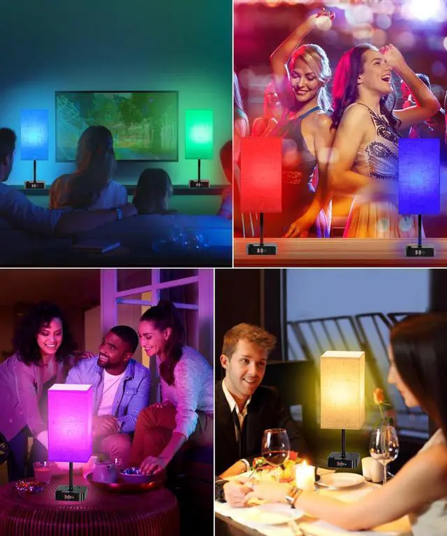 Alt view image 3 of 7 - Bluetooth Smart RGB Bedside Table Lamp for Bedroom with 3 USB Charging Ports and 2 AC Outlets, Sync with Music Stepless Dimming Nightstand Light for Party/Home/Bedroom/Living Room, Flaxen