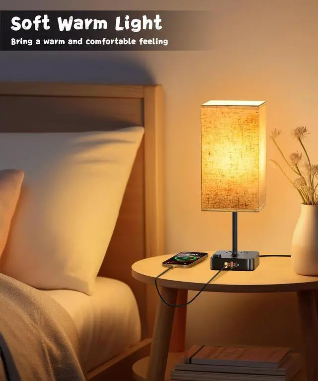Alt view image 4 of 7 - Bluetooth Smart RGB Bedside Table Lamp for Bedroom with 3 USB Charging Ports and 2 AC Outlets, Sync with Music Stepless Dimming Nightstand Light for Party/Home/Bedroom/Living Room, Flaxen