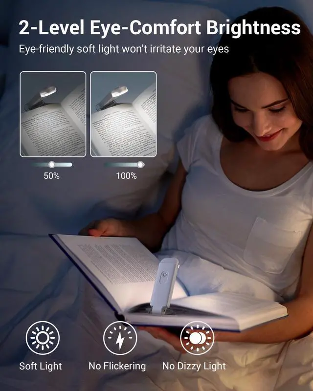 Alt view image 2 of 7 - Book Reading Light with Clip, USB Rechargeable Booklight for Reading in Bed, Eye Care LED Book Lamp for Kids, Bookworms,2 Brightness Levels (White)