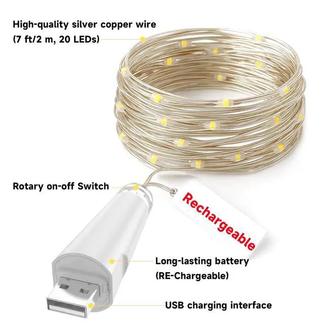 Alt view image 3 of 7 - Rechargeable Fairy Lights - 7ft 20 LED String Lights, USB Rechargeable Battery Operated Twinkle Light for Mason Jars Wedding Decor Centerpiece Table Decorations Christmas