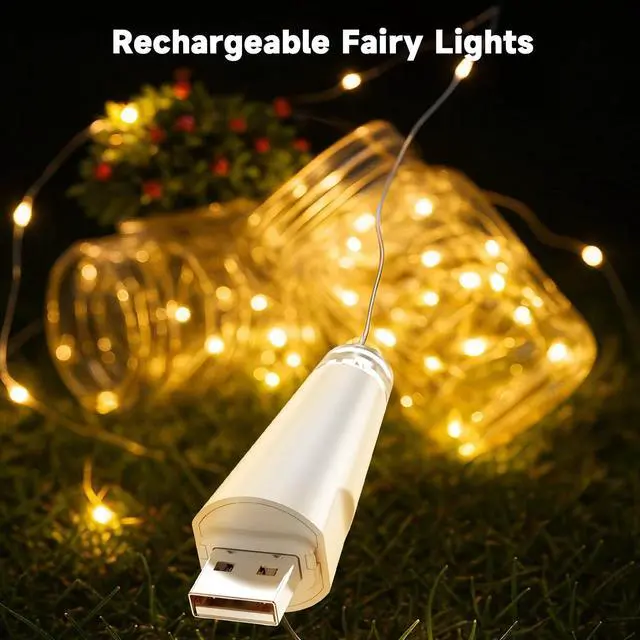 Alt view image 4 of 7 - Rechargeable Fairy Lights - 7ft 20 LED String Lights, USB Rechargeable Battery Operated Twinkle Light for Mason Jars Wedding Decor Centerpiece Table Decorations Christmas