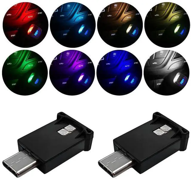 Main image of 2 PCS USB Type C LED Ambient Light, 8 Color Car RGB USB LED Decoration Night Lamp, Interior Mini Adjustable Brightness Atmosphere Light, Universal Vehicle Interior Accessories