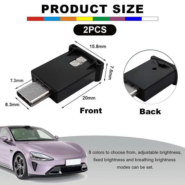 Alt view image 2 of 6 - 2 PCS USB Type C LED Ambient Light, 8 Color Car RGB USB LED Decoration Night Lamp, Interior Mini Adjustable Brightness Atmosphere Light, Universal Vehicle Interior Accessories