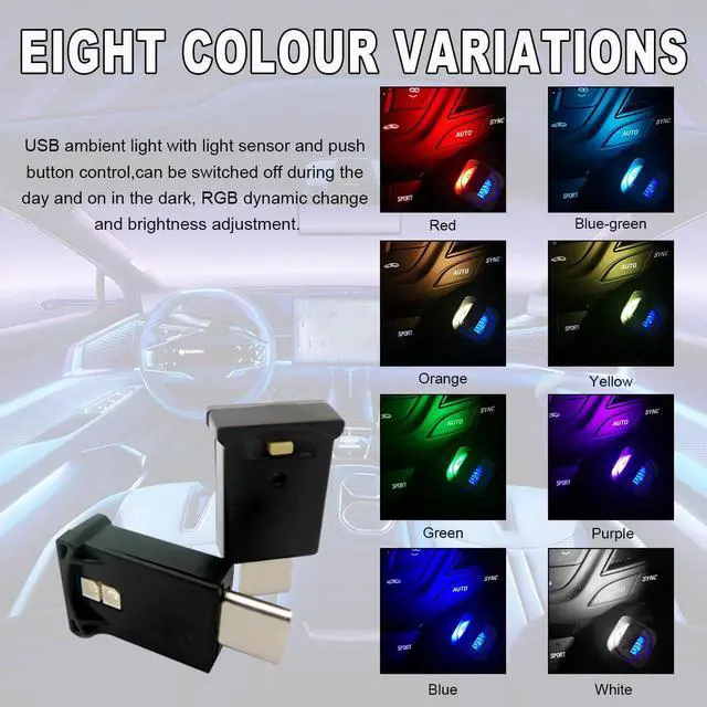 Alt view image 6 of 6 - 2 PCS USB Type C LED Ambient Light, 8 Color Car RGB USB LED Decoration Night Lamp, Interior Mini Adjustable Brightness Atmosphere Light, Universal Vehicle Interior Accessories