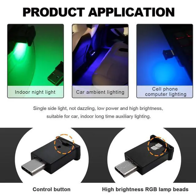 Alt view image 4 of 6 - 2 PCS USB Type C LED Ambient Light, 8 Color Car RGB USB LED Decoration Night Lamp, Interior Mini Adjustable Brightness Atmosphere Light, Universal Vehicle Interior Accessories