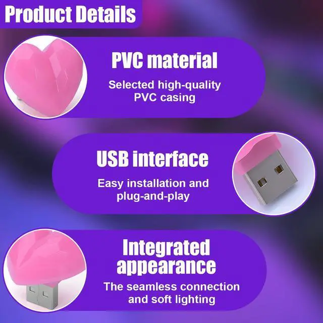 Alt view image 3 of 6 - USB LED Car Interior Atmosphere Lamp, Heart Shape Mini Ambient Light, Plug-in USB Portable Automotive Night Lights, Universal Decorative Lamp Accessory for Cars Bedroom Hallway (Pink)