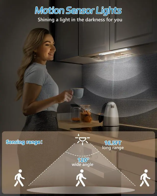 Alt view image 2 of 7 - Motion Sensor Under Counter Lights 2 Pack Rechargeable, 30-LED Wireless Cabinet Lighting Magnetic Self-Adhesive, 180lm Ultra Thin Closet Light for Kitchen, Cupboard, Drawer, Hallway, White