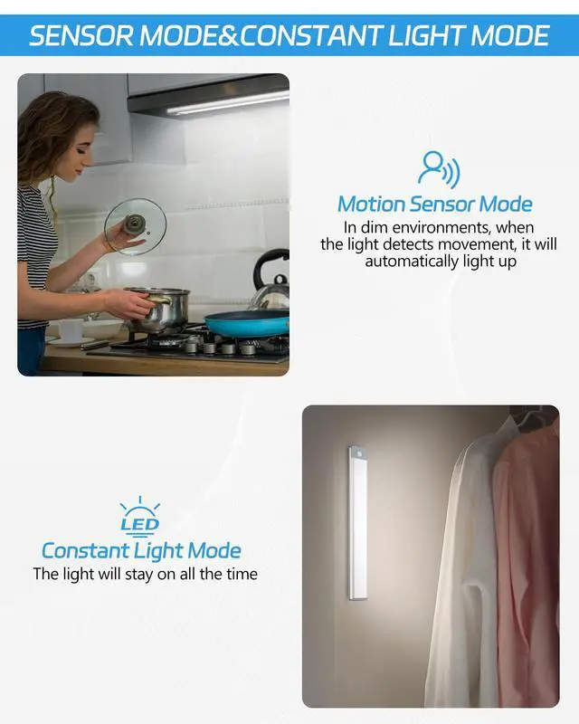 Alt view image 5 of 7 - Motion Sensor Under Counter Lights 2 Pack Rechargeable, 30-LED Wireless Cabinet Lighting Magnetic Self-Adhesive, 180lm Ultra Thin Closet Light for Kitchen, Cupboard, Drawer, Hallway, White