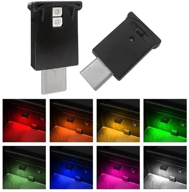 Main image of 2 Pcs Mini USB LED Ambient Light, Adjustable 8 Colors RGB Dynamic Gradient Brightness, Car USB Type C Interior Atmosphere Lamp, Replace Lighting Parts for Laptop Keyboard Night Home Office Decoration