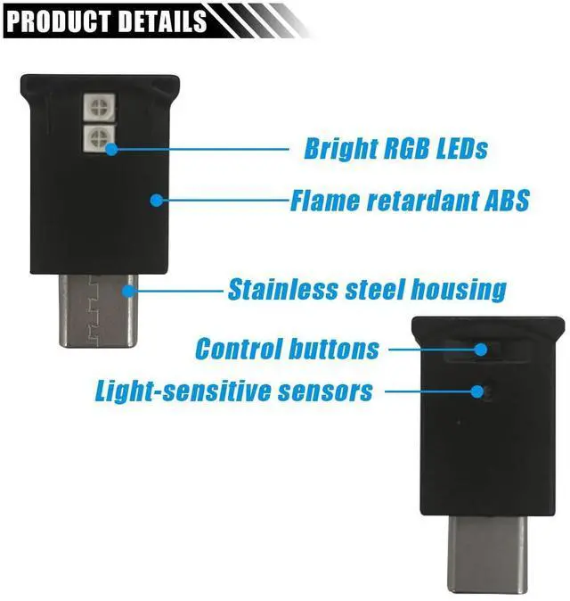 Alt view image 4 of 6 - 2 Pcs Mini USB LED Ambient Light, Adjustable 8 Colors RGB Dynamic Gradient Brightness, Car USB Type C Interior Atmosphere Lamp, Replace Lighting Parts for Laptop Keyboard Night Home Office Decoration