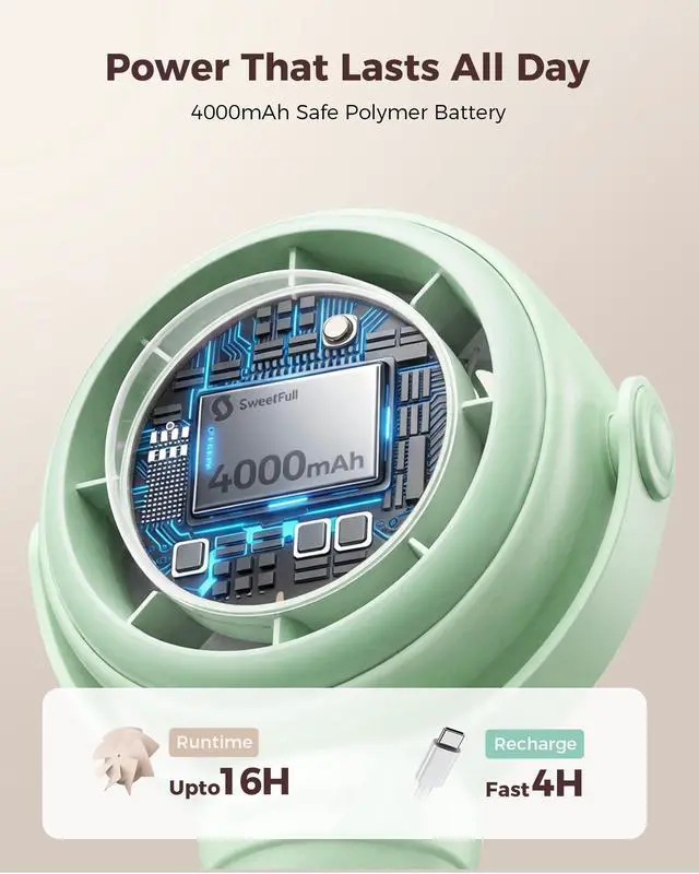 Alt view image 4 of 7 - Baby Stroller Fan - 4000mAh Rechargeable 4-Speed Quiet with LED Display & Night Light, Mini Portable 360° Clip On Safe Fan for Car Seat, Crib, Travel - Green