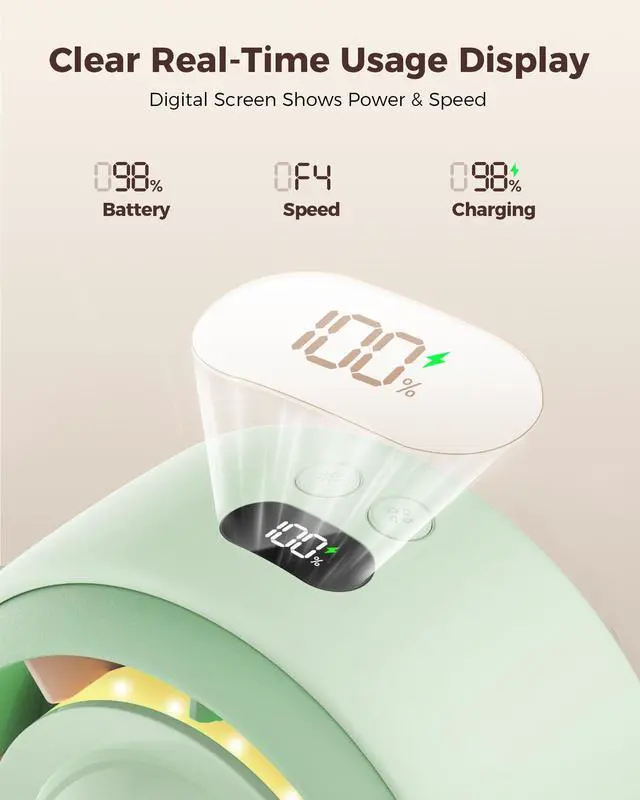 Alt view image 5 of 7 - Baby Stroller Fan - 4000mAh Rechargeable 4-Speed Quiet with LED Display & Night Light, Mini Portable 360° Clip On Safe Fan for Car Seat, Crib, Travel - Green