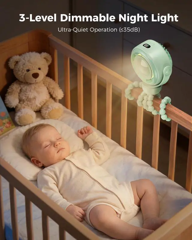 Alt view image 6 of 7 - Baby Stroller Fan - 4000mAh Rechargeable 4-Speed Quiet with LED Display & Night Light, Mini Portable 360° Clip On Safe Fan for Car Seat, Crib, Travel - Green