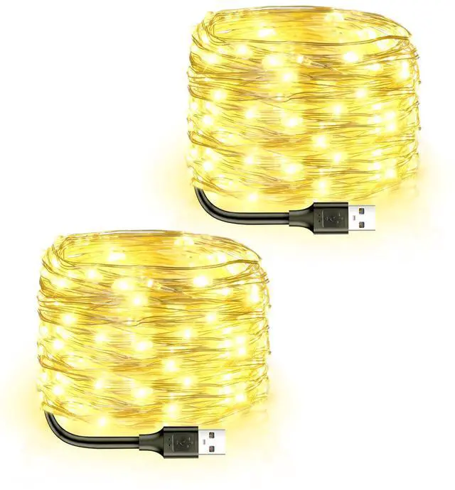 Main image of USB Powered Fairy Lights, 2 Pack 33Ft 100 LED, Flexible Silver Wire, Mini String Lights for Christmas Tree/Bedroom/Camping/Holiday Indoor Decoration, Warm White