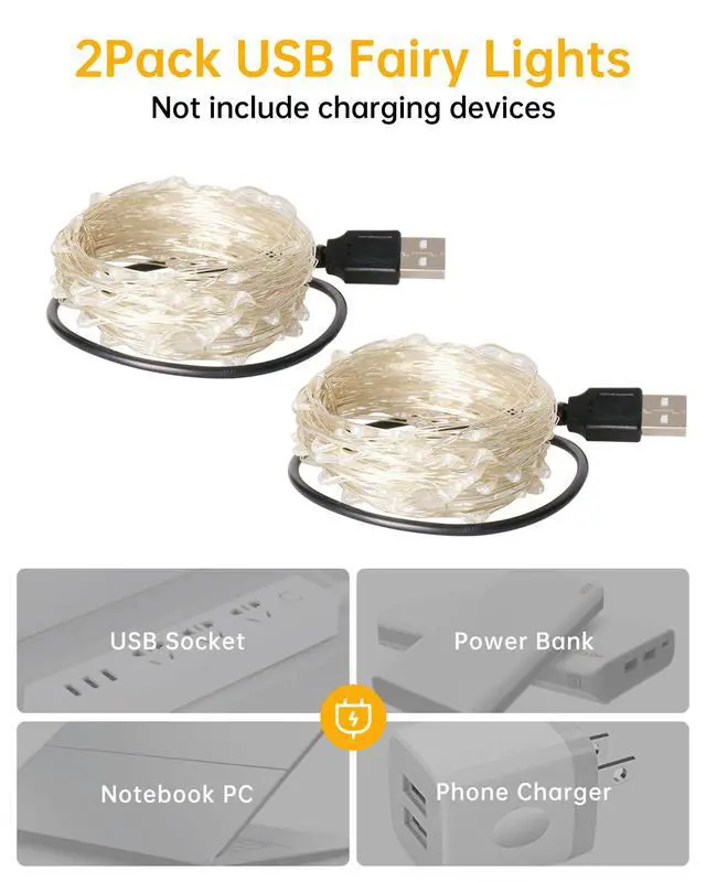 Alt view image 2 of 7 - USB Powered Fairy Lights, 2 Pack 33Ft 100 LED, Flexible Silver Wire, Mini String Lights for Christmas Tree/Bedroom/Camping/Holiday Indoor Decoration, Warm White