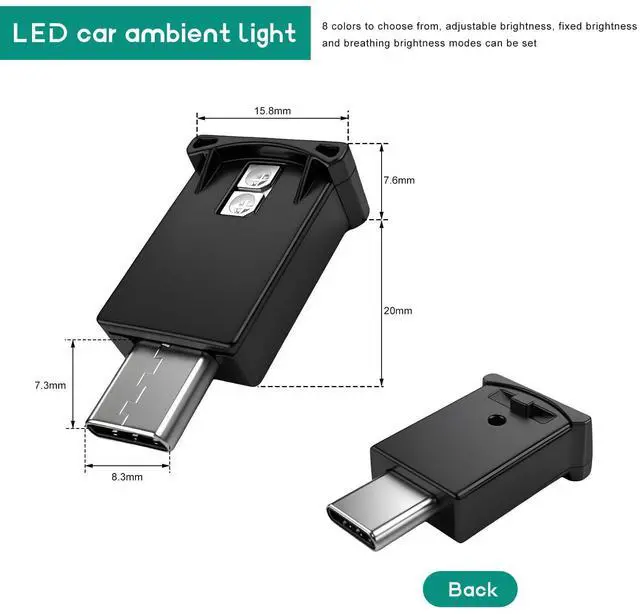 Alt view image 2 of 6 - USB Type C LED Ambient Light, 8 Colors RGB Car Atmosphere Lamp Adjustable Brightness LED Light, Mini 5V Plug-in Night Lamp Interior Decoration for Vehicle Home Office