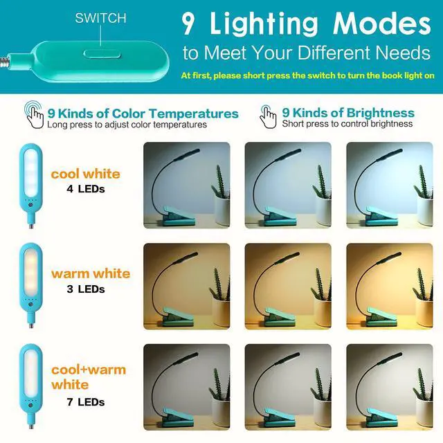 Alt view image 2 of 6 - Clip On Book Light for Bed Kids, 7 LED Reading Light with 9-Level Warm Cool White Daylight, Eye Care Lamp with Power Indicator for Bookworms (Blue)