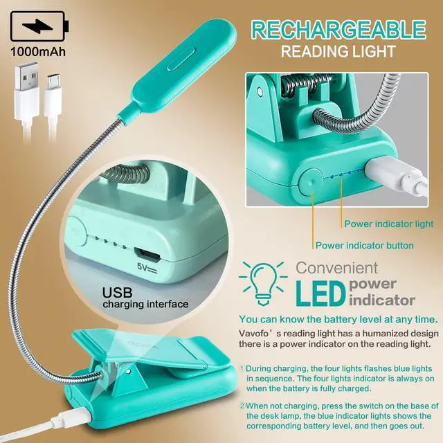 Alt view image 4 of 6 - Clip On Book Light for Bed Kids, 7 LED Reading Light with 9-Level Warm Cool White Daylight, Eye Care Lamp with Power Indicator for Bookworms (Blue)
