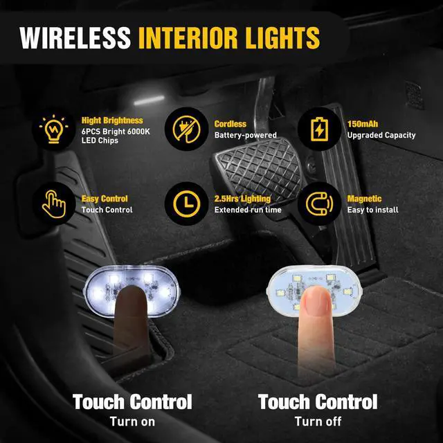Alt view image 3 of 7 - Wireless Magnetic LED Interior Lights, 2 PCS White USB Rechargeable Universal Mini Sticky Footwell Ambient Atmosphere Reading Lamp with Touch Sensor, Portable Night Lighting for Car Truck