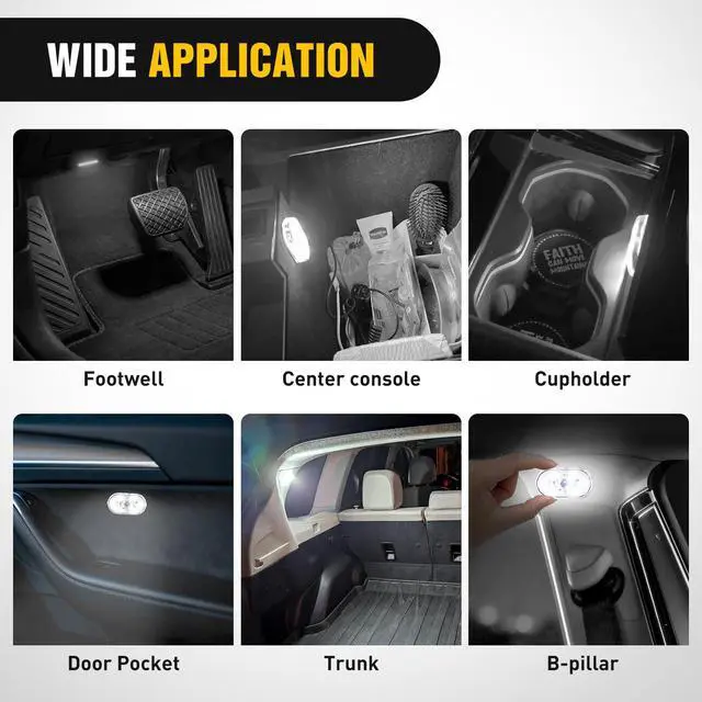 Alt view image 5 of 7 - Wireless Magnetic LED Interior Lights, 2 PCS White USB Rechargeable Universal Mini Sticky Footwell Ambient Atmosphere Reading Lamp with Touch Sensor, Portable Night Lighting for Car Truck